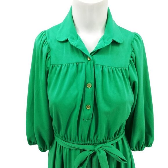 Vintage Handmade Stretch Sheath Shirt Dress Size S? Green Skater Knit 70s Tie - Picture 3 of 10